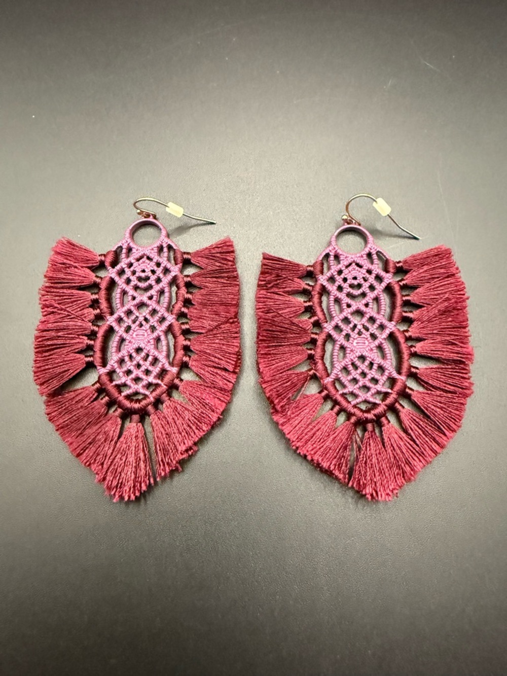 Maroon Fringe Macramé Statement Dangle Earrings